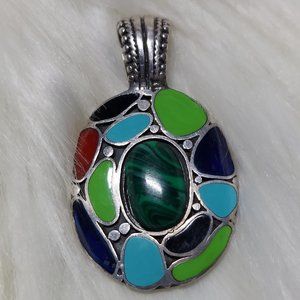 VINTAGE MEXICAN SILVER 925 MULTI GEMSTONE OVAL PENDANT